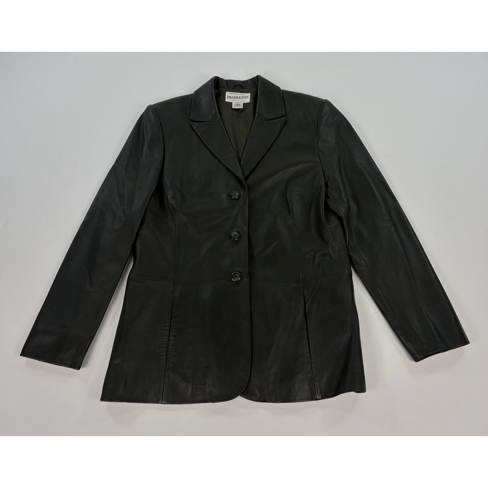 Vintage Pendleton Leather Blazer Women's M Dark Green Button Front Jacket Y2K